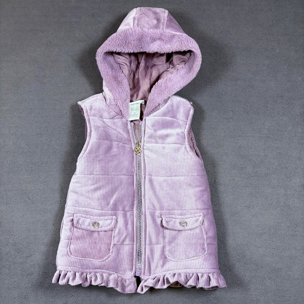 Nicole Miller Corduroy Hooded Puffer Vest Girls Size 4 Purple Ruffle WJCV728N